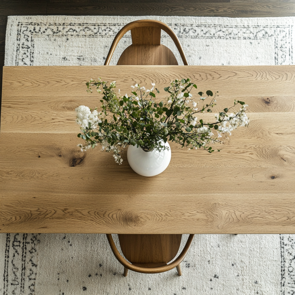 top down view of an oak dining table