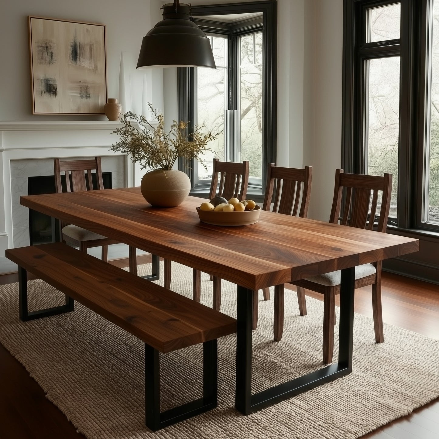 Dining room with wooden table, chairs, and bench in a well-lit room.