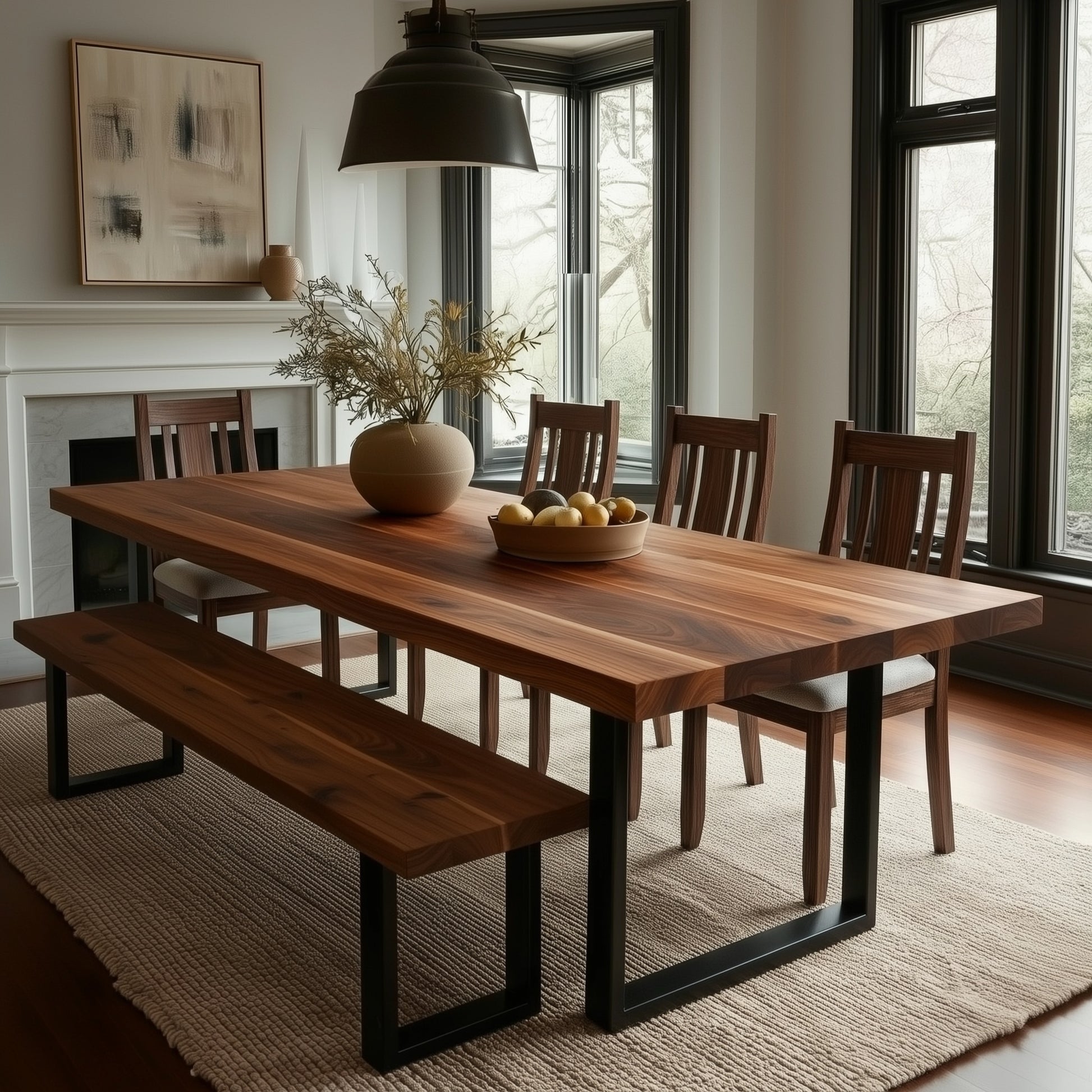 Dining room with wooden table, chairs, and bench in a well-lit room.