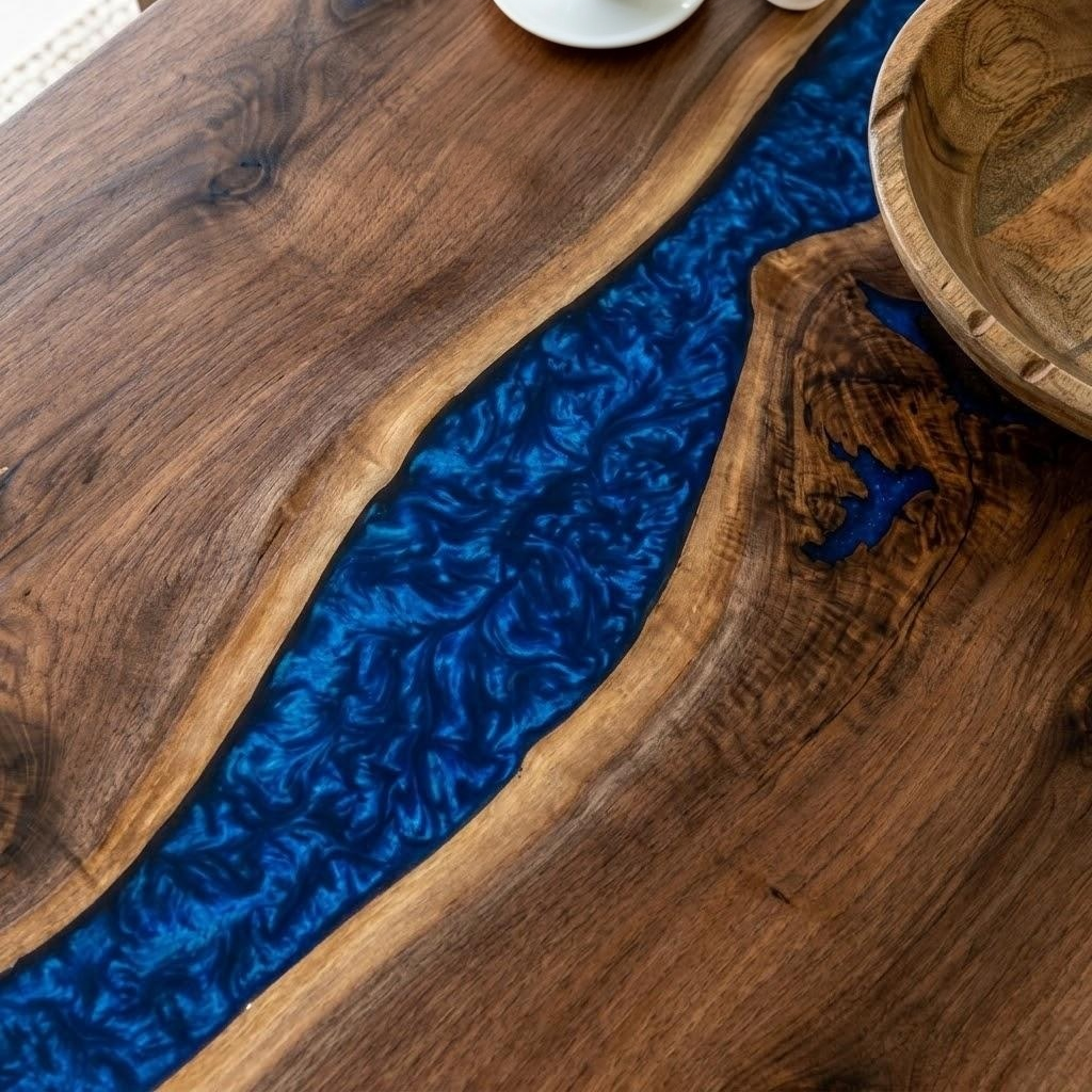 A close-up of a live-edge wooden table featuring a vibrant, wavy blue resin channel running through the center, with a wooden bowl partially visible in the top right corner.