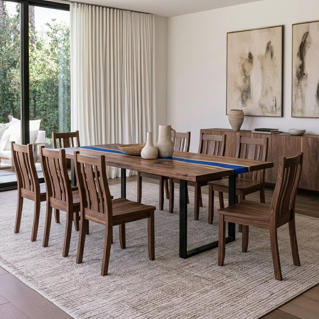 A rectangular wooden dining table with black metal legs and matching wooden slat-back chairs, styled in a bright, modern dining room with a blue runner, ceramic vases, and a sideboard.