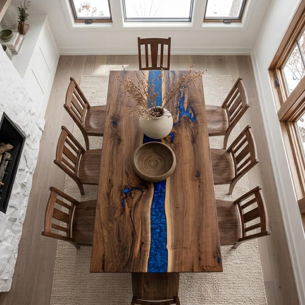 A high-angle view of a rustic wooden dining table with a vibrant blue resin river inlay, surrounded by six matching wooden chairs in a bright, modern dining room.