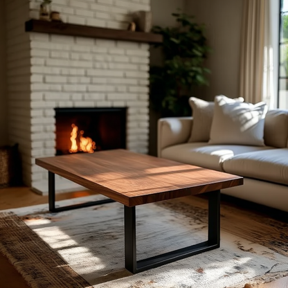 Living room with a wooden coffee table, beige sofa, and fireplace.
