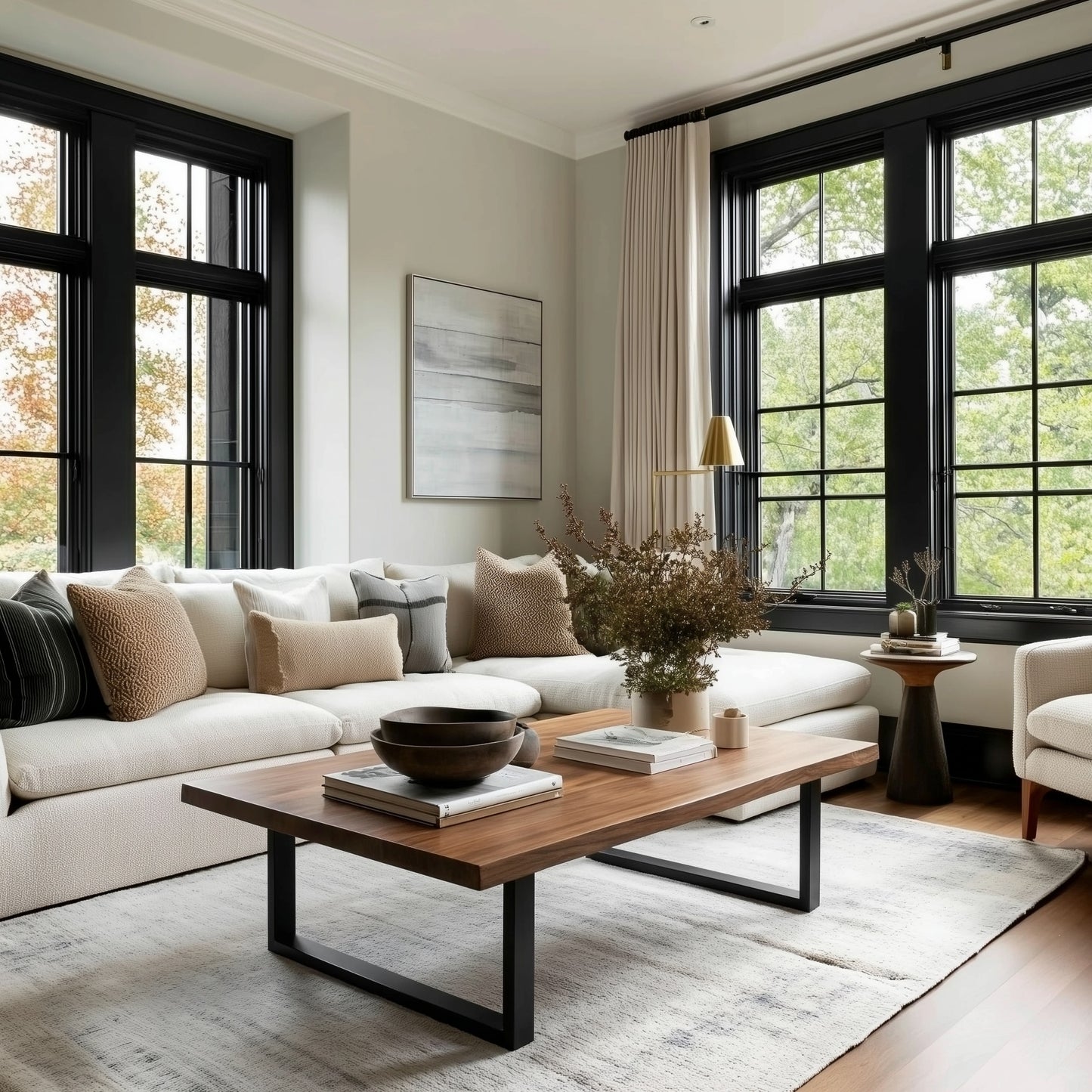 Modern living room with a beige sofa, wooden coffee table, and large windows.