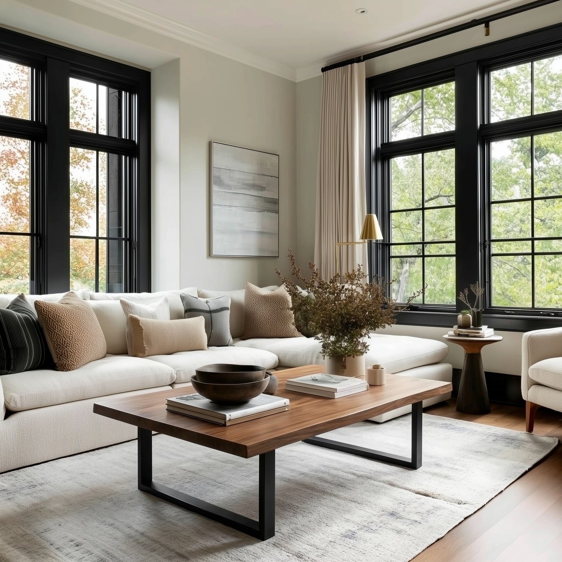 Modern living room with a beige sofa, wooden coffee table, and large windows.