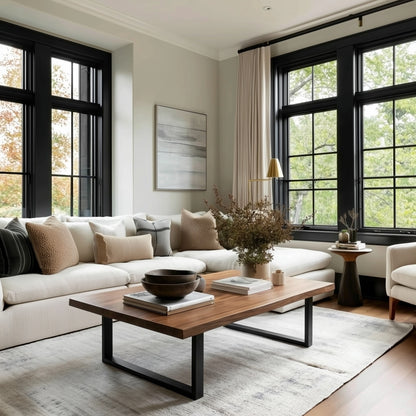 Modern living room with a beige sofa, wooden coffee table, and large windows.