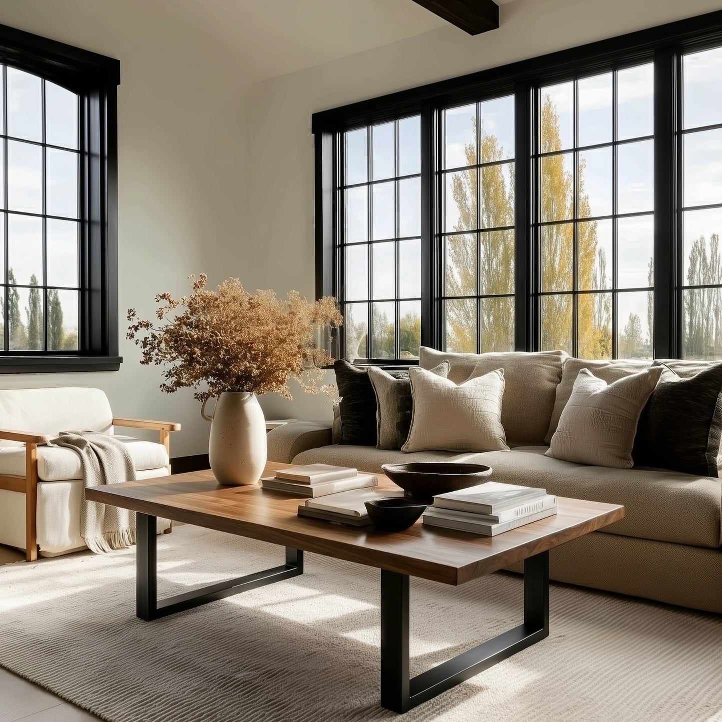 Modern living room with a beige sofa, wooden coffee table, and large windows.