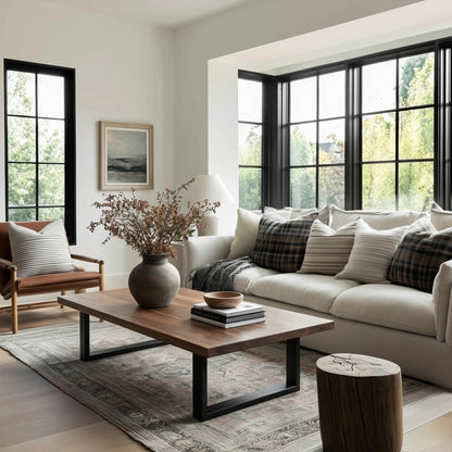 Modern living room with a beige sofa, wooden coffee table, and large windows.