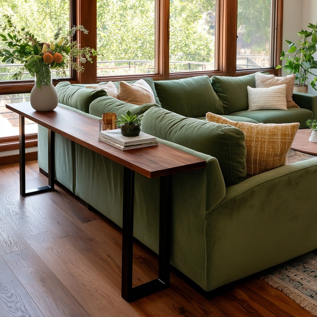 Green sofa with wooden coffee table in a room with large windows and plants.