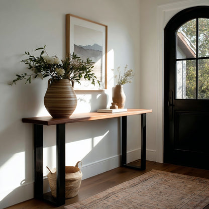 Console table with decorative items in a home interior
