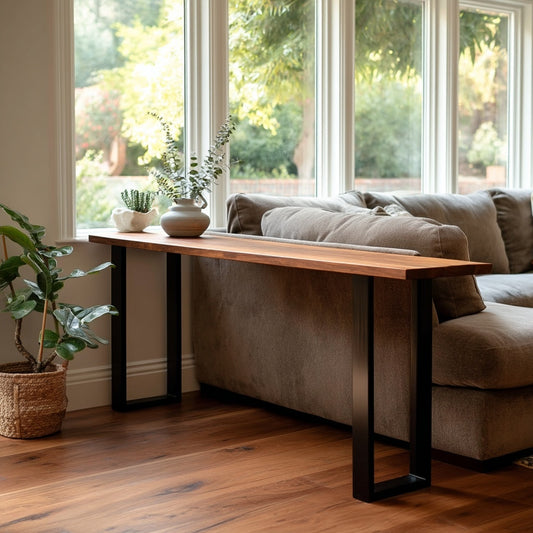 Wooden desk in a living room with a couch and large windows.
