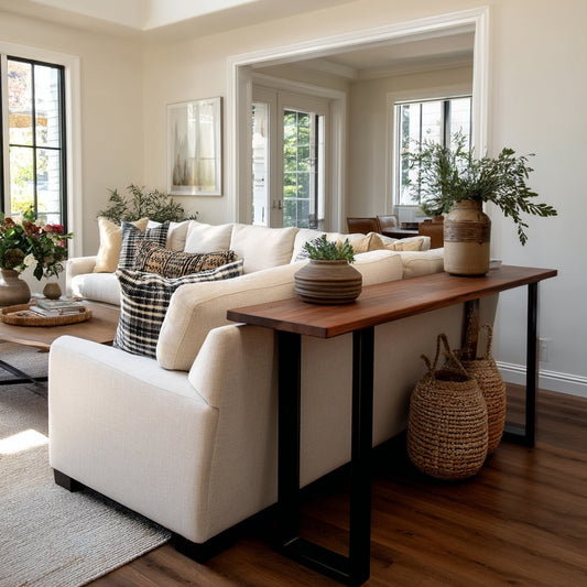 Modern living room with a white sofa, wooden coffee table, and decorative elements.