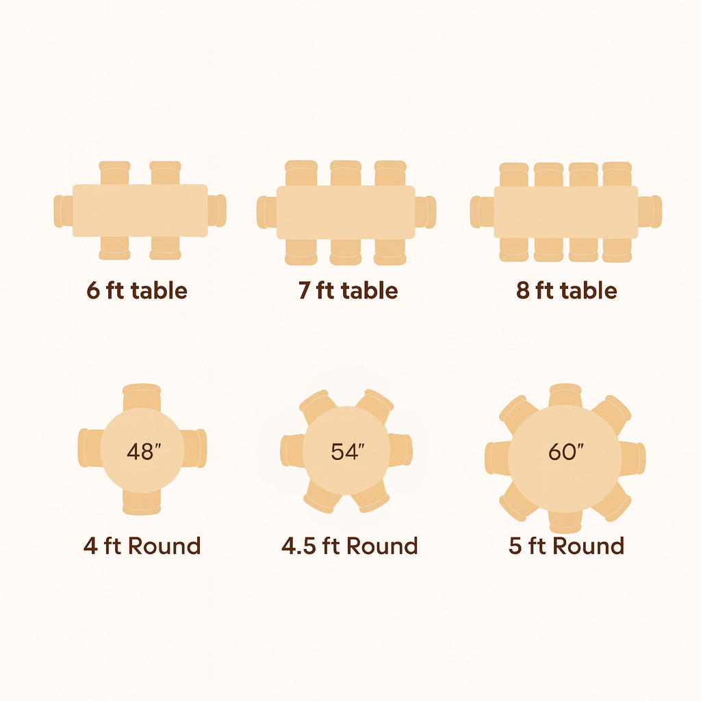 Diagram showing different table dimensions with labels on a white background