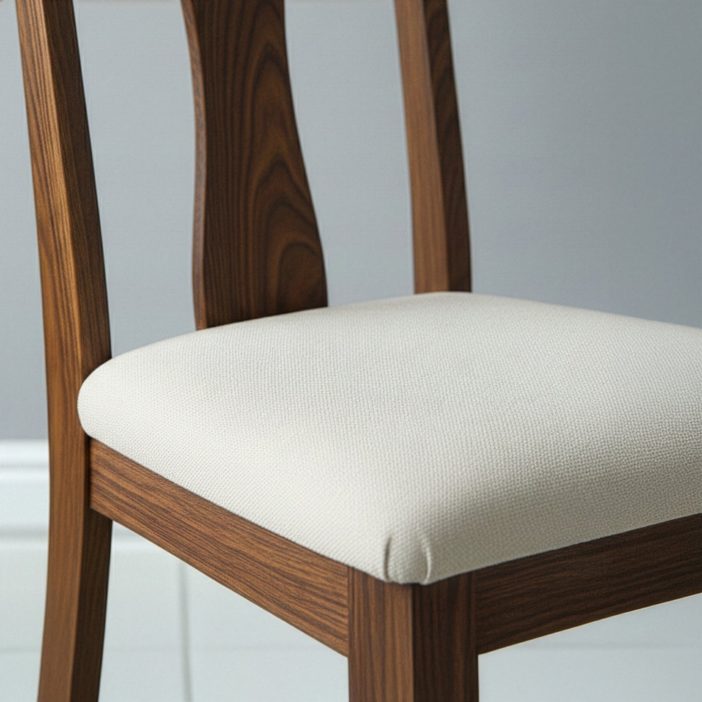 Wooden chair with a white cushion on a light gray background