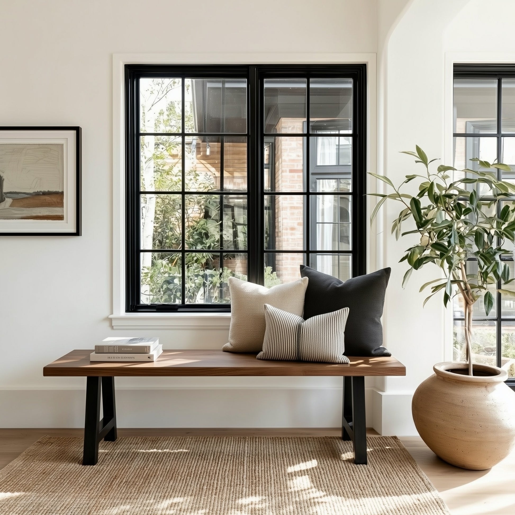 Wooden bench with pillows in a room with large windows and a plant.