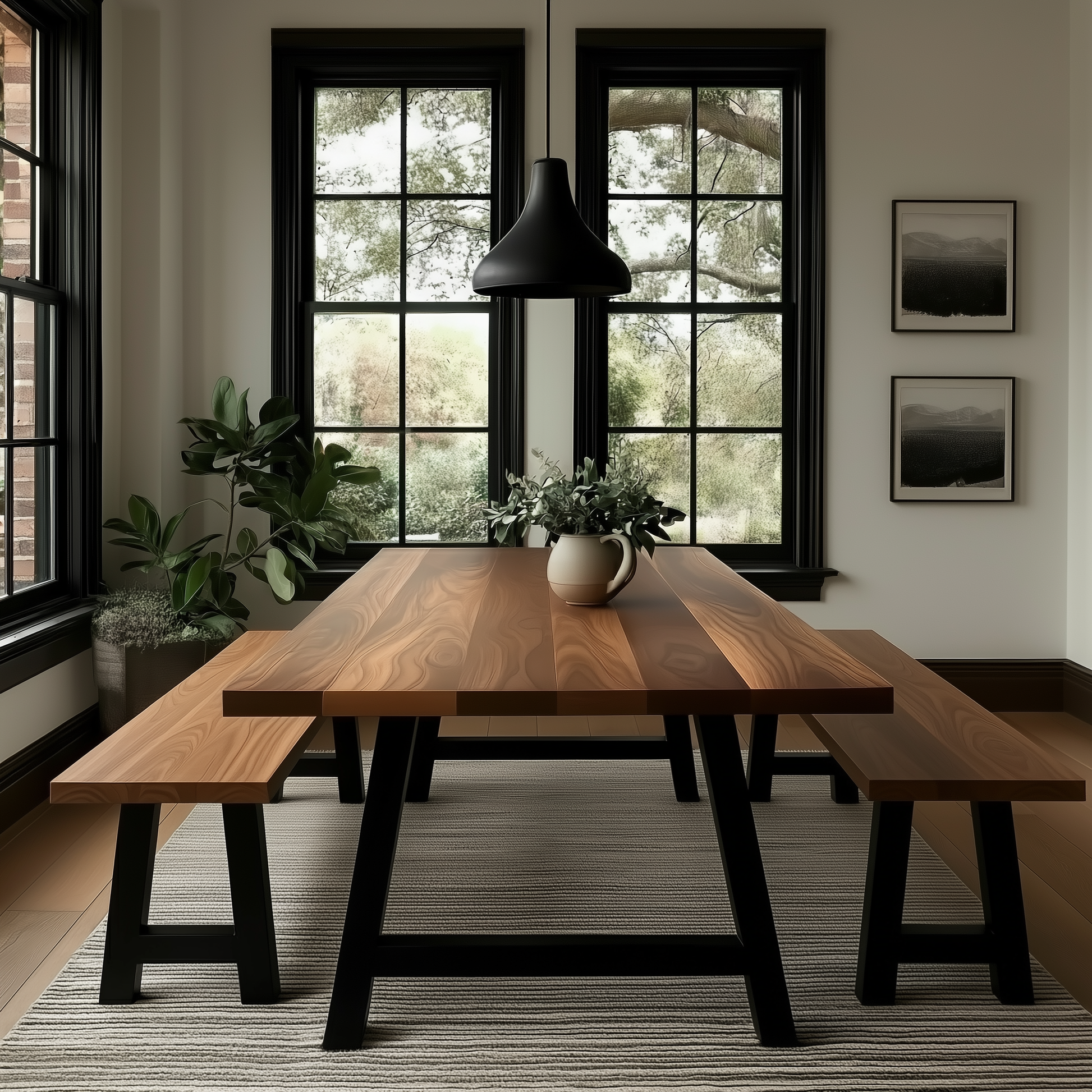 Dining room with wooden table and benches in front of large windows.