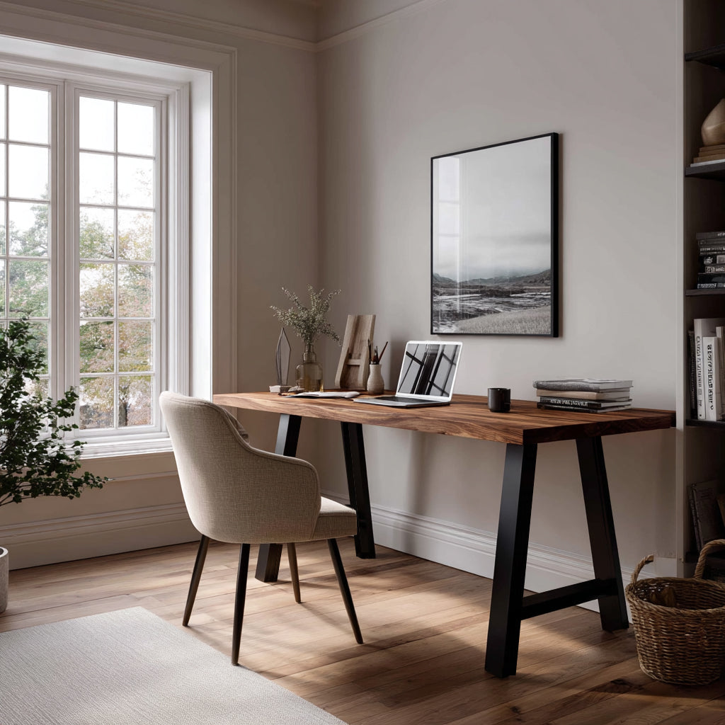 Home office with wooden desk, chair, and decor