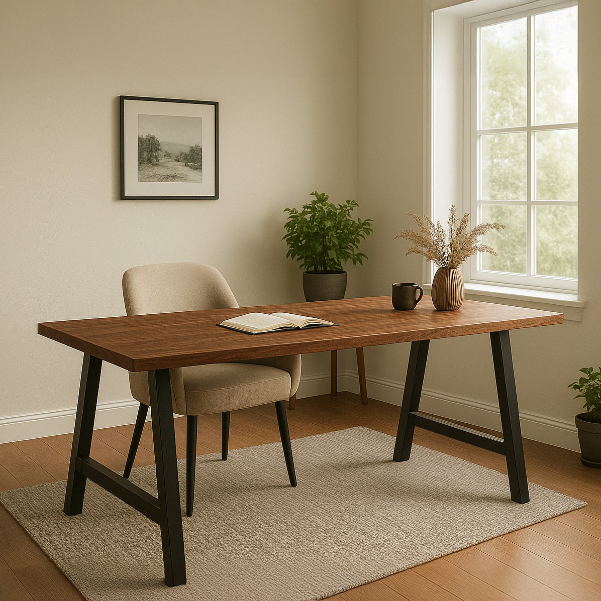 Wooden desk with chair in a room with a window and plants