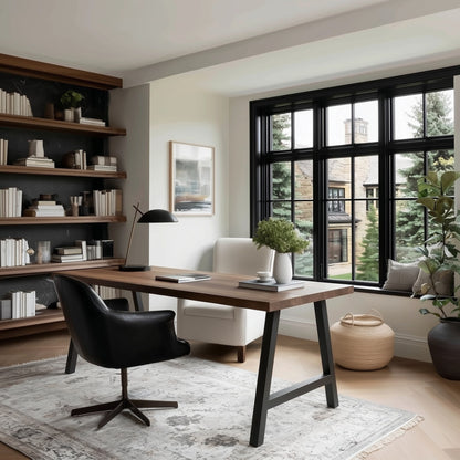 Modern home office with wooden desk, black chair, and large windows.