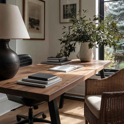 Close up view of a wooden desk in a well furnished office