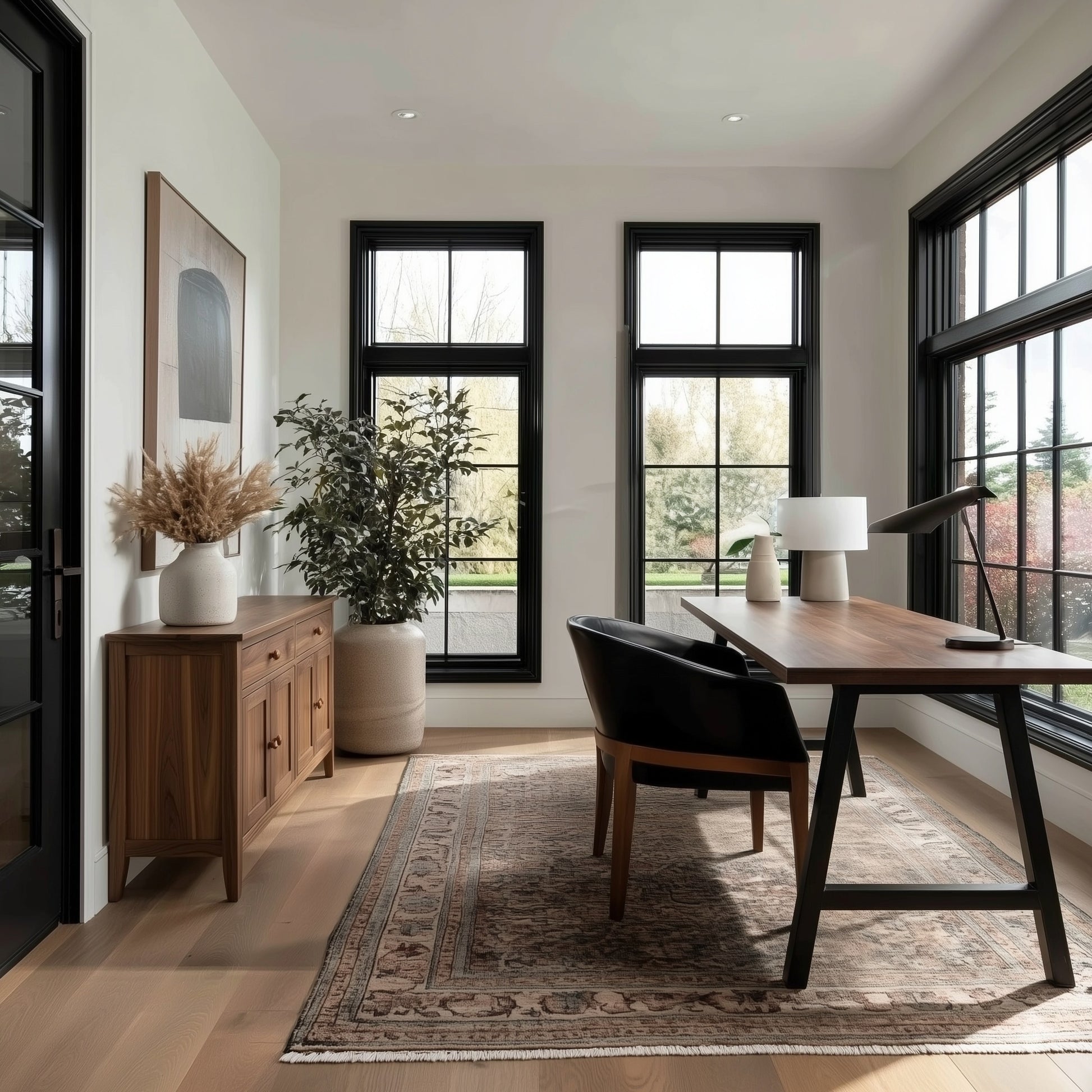 Modern home office with a desk, chair, and large windows.