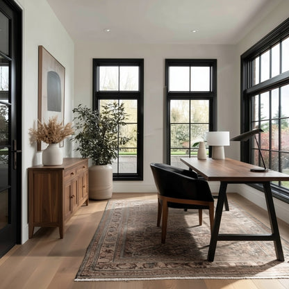 Modern home office with a desk, chair, and large windows.