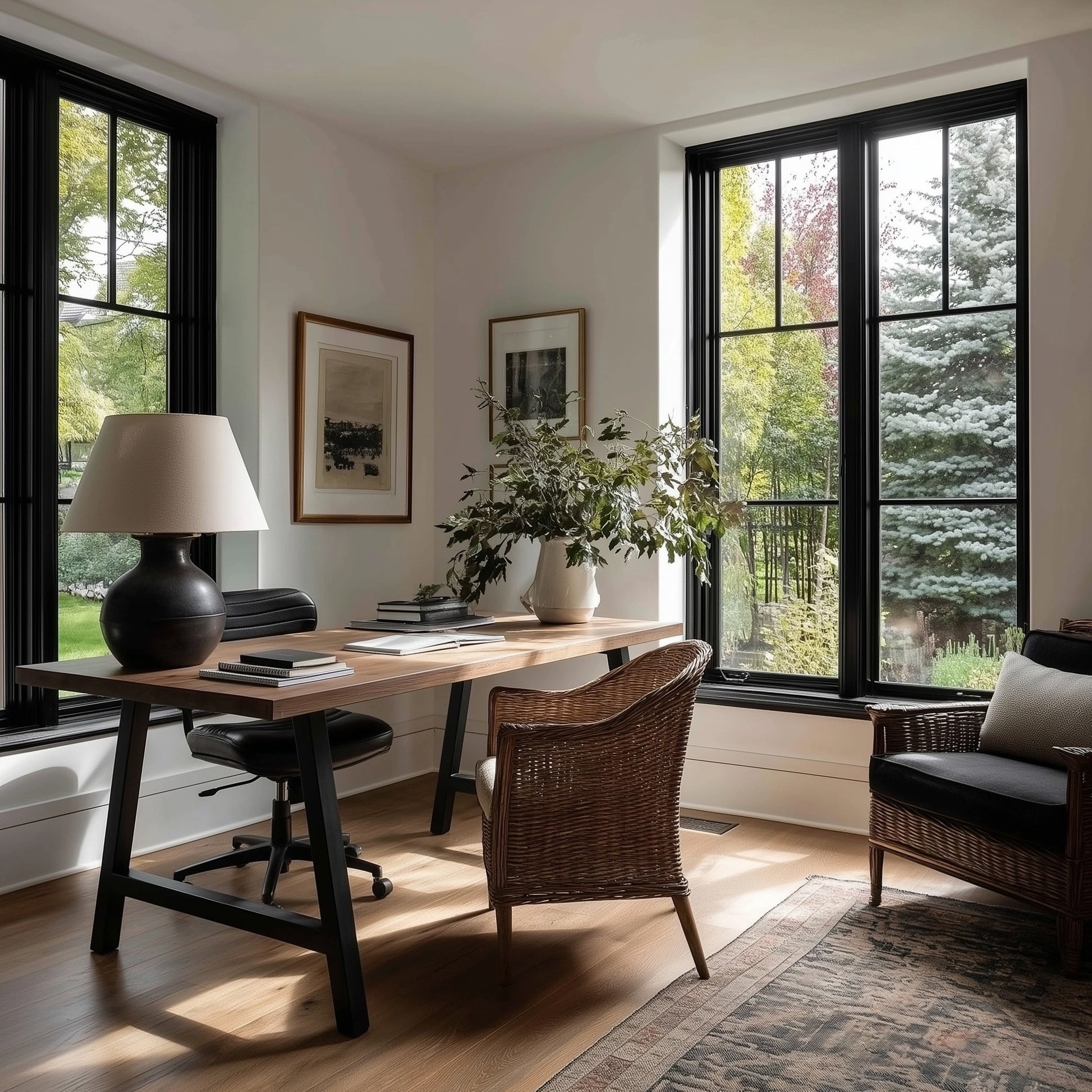 Modern home office with a desk, chair, and large windows.