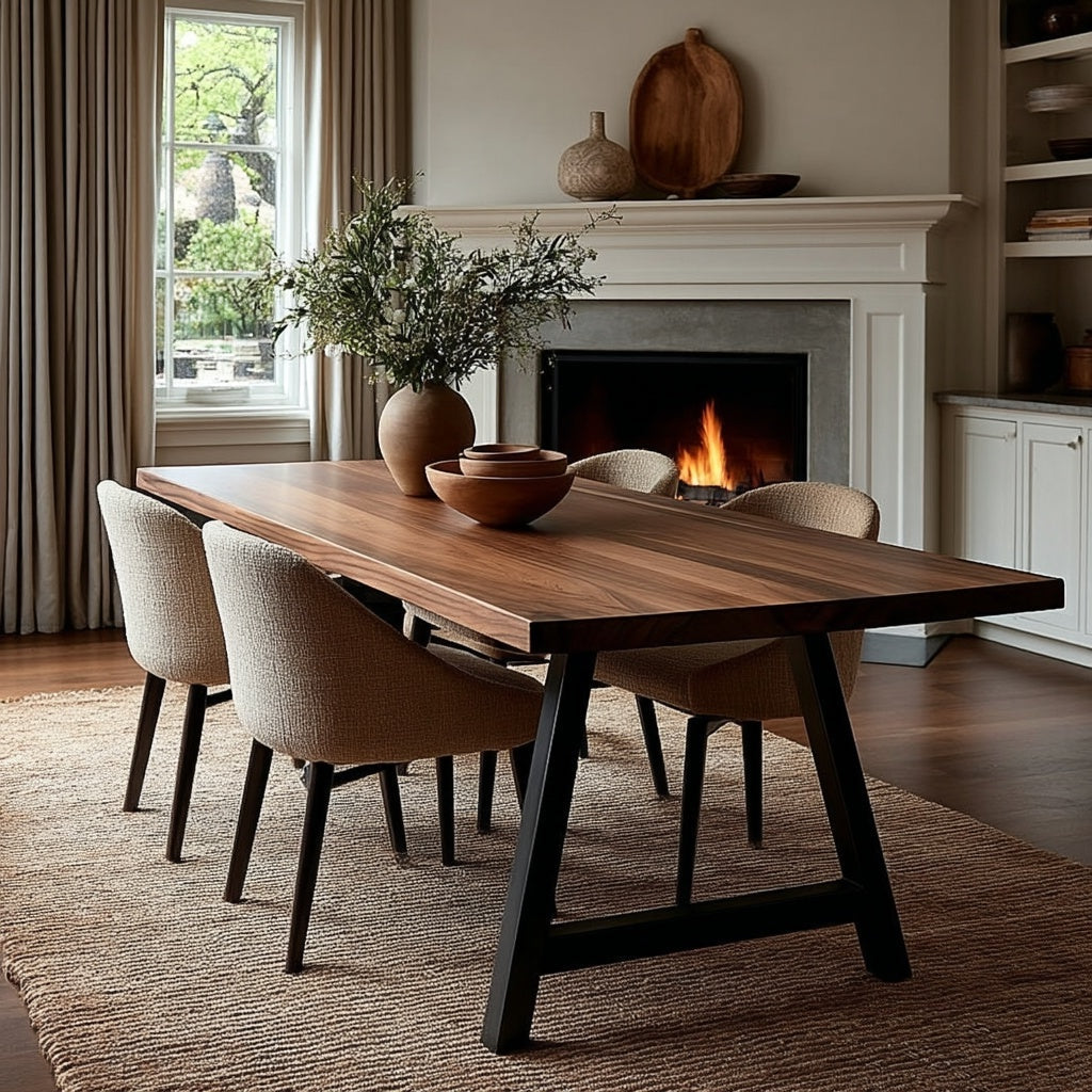 Dining room with wooden table and chairs in front of a fireplace