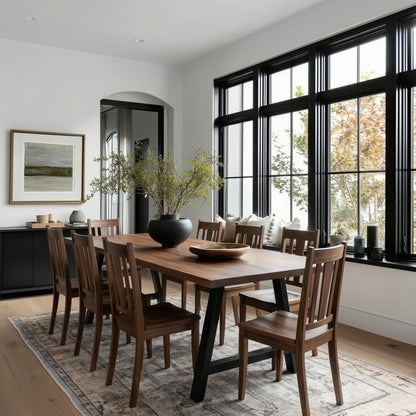 Dining room with wooden table and chairs near large windows