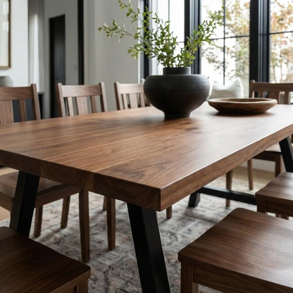 Wooden dining table with chairs in a room with large windows.