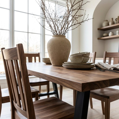 A rustic wooden dining table with matching wooden chairs in a bright, modern dining room. A large beige ceramic vase with bare branches and a stack of ceramic plates sit on the table.