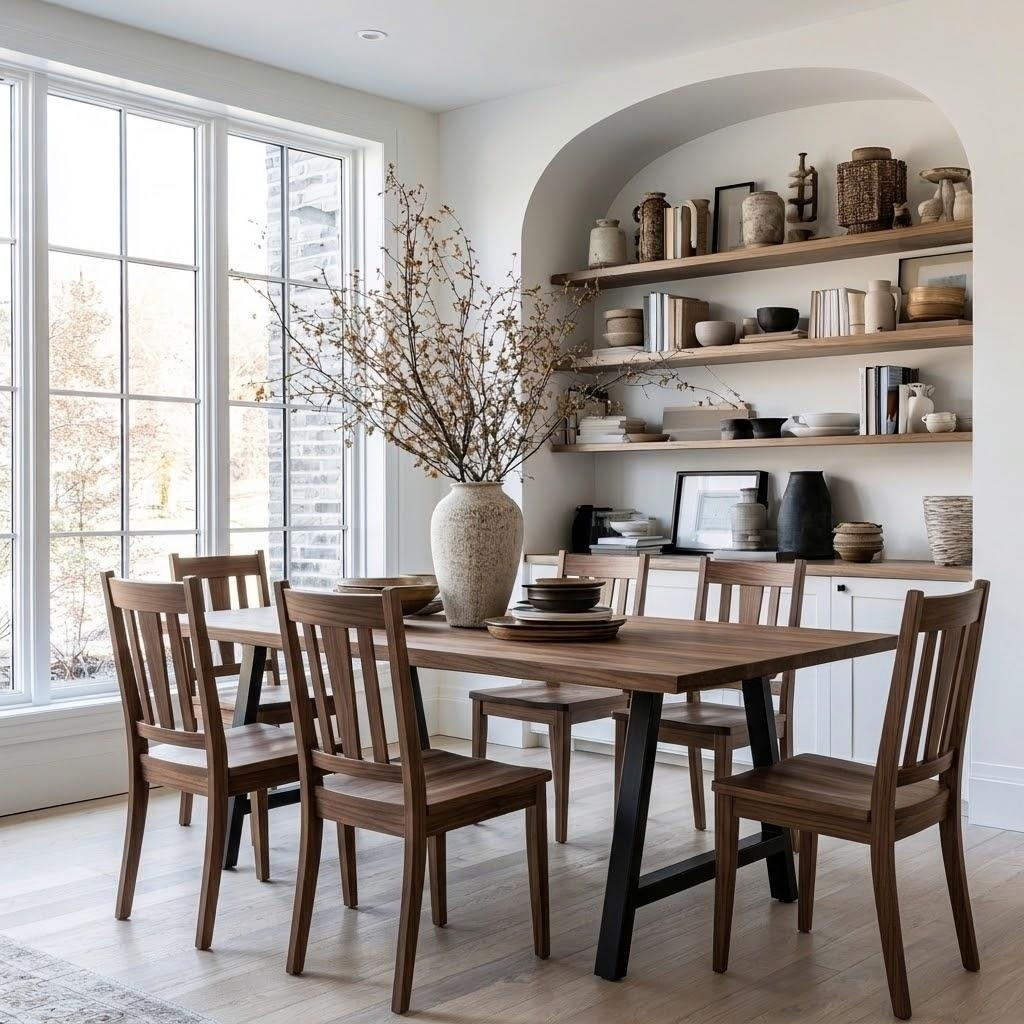 A dining room scene with a rectangular wooden table and six matching wooden chairs, styled with a large vase of dried branches, plates, and shelves filled with home decor in the background.