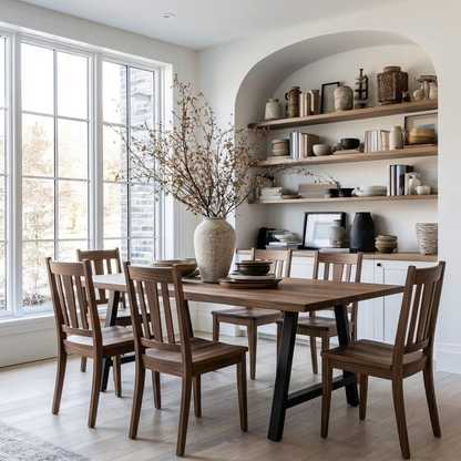 A dining room scene with a rectangular wooden table and six matching wooden chairs, styled with a large vase of dried branches, plates, and shelves filled with home decor in the background.