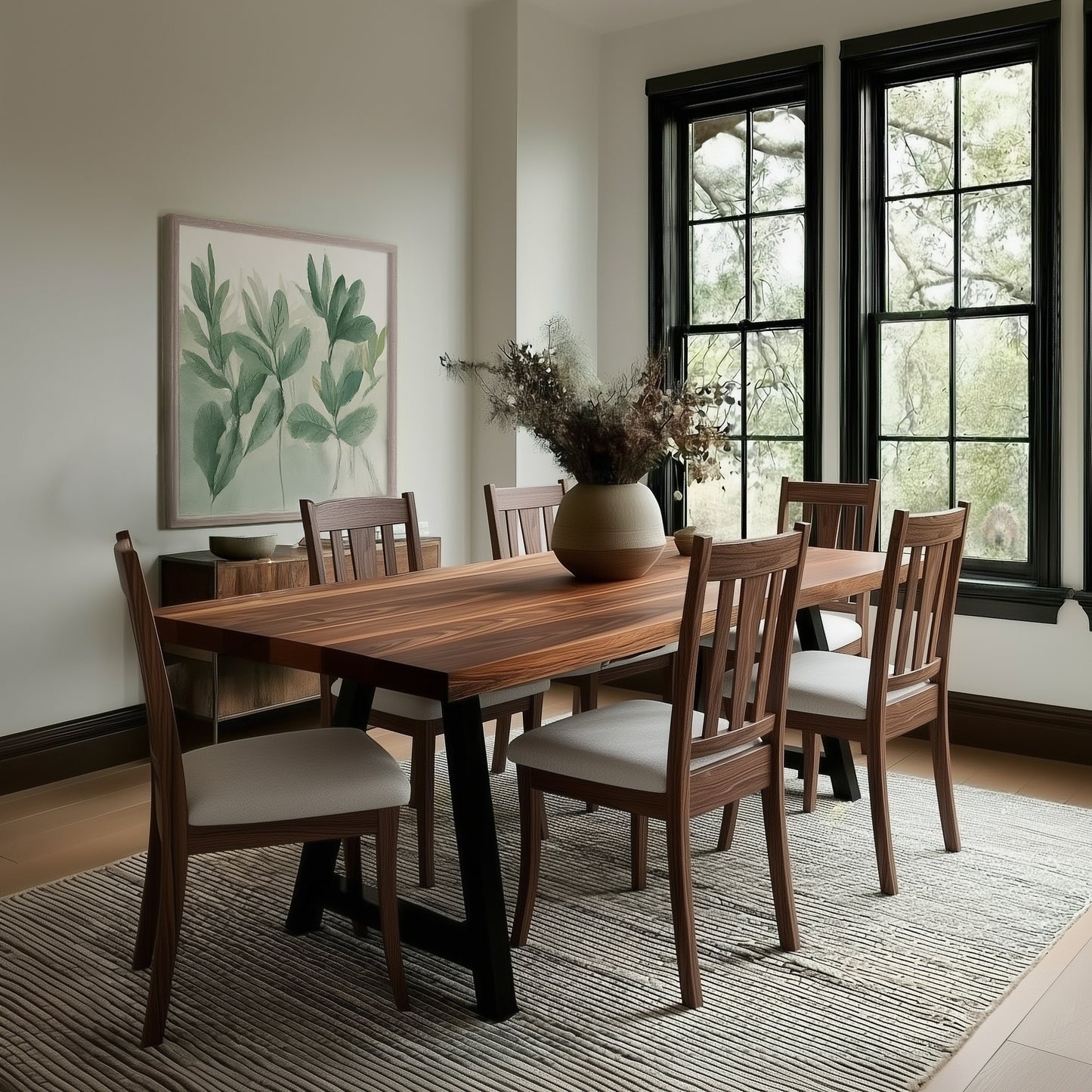 Dining room with wooden table and chairs, large windows, and a plant painting on the wall.