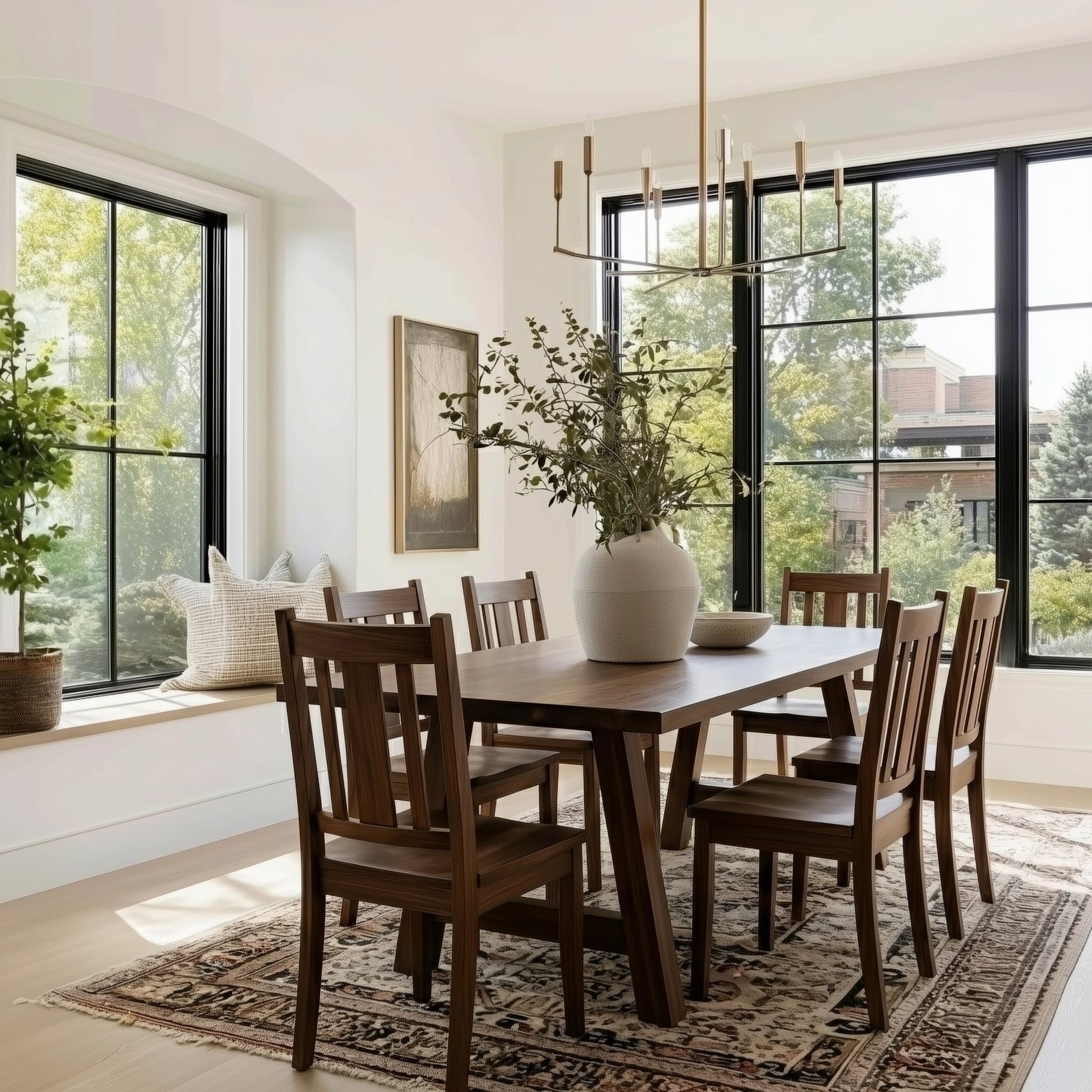 Dining room with wooden table and chairs, large windows, and a rug.