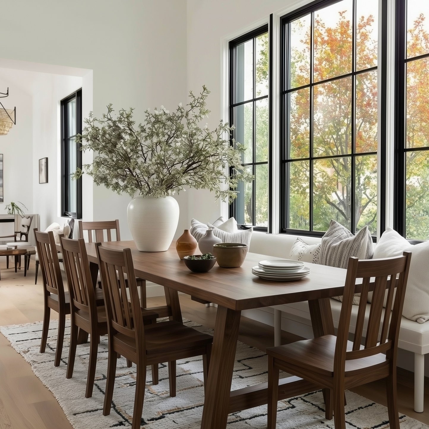 Dining room with wooden table and chairs, large windows, and decorative elements.