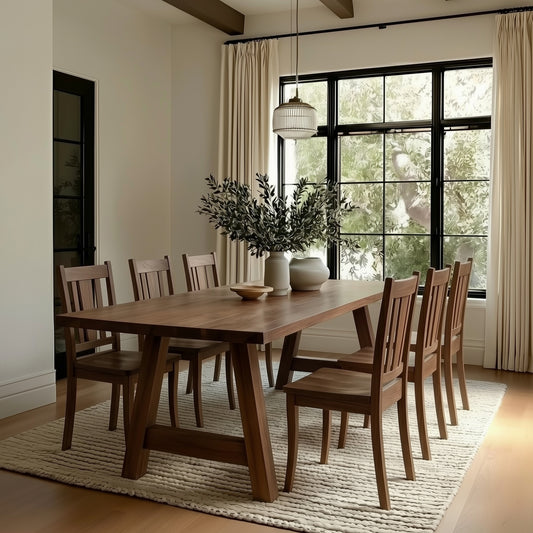 Dining room with walnut Armstrong dining table and chairs, large window, and decorative plants.