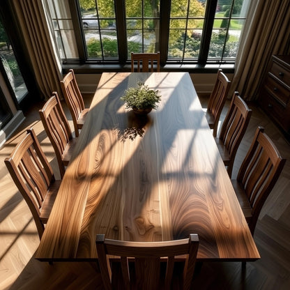Wooden dining table with chairs in a room with large windows.