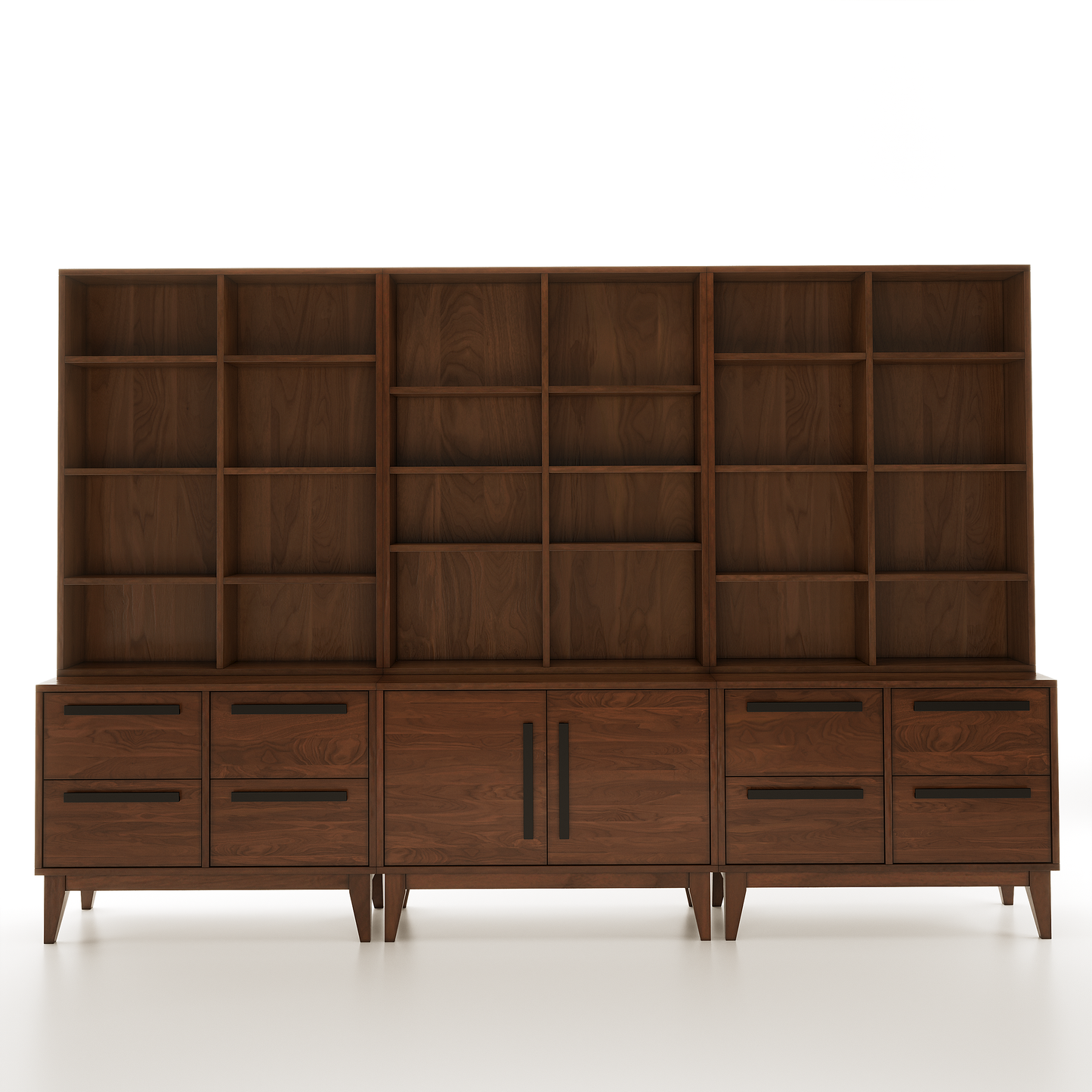 A large wooden sectional bookshelf on a white background