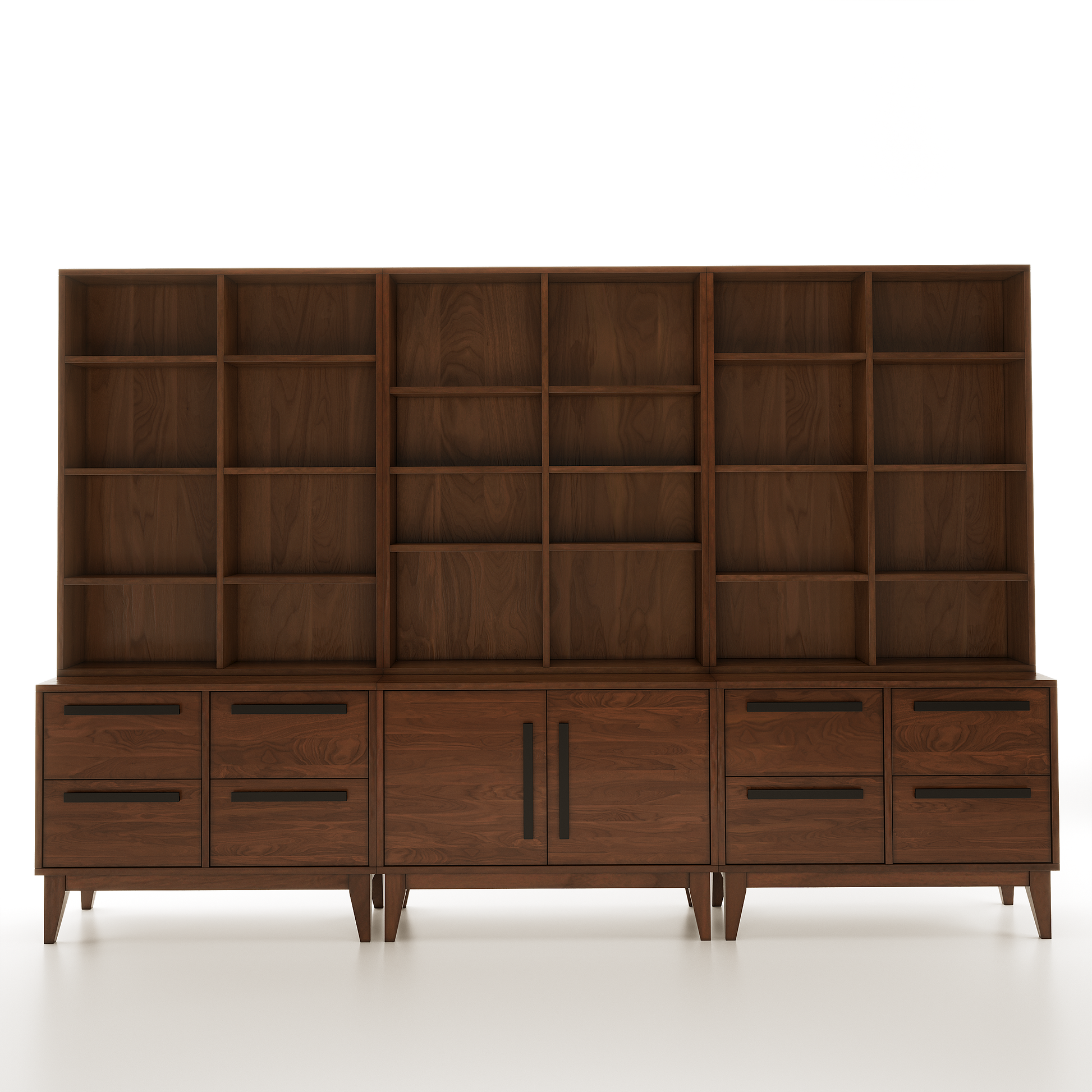 A large wooden sectional bookshelf on a white background
