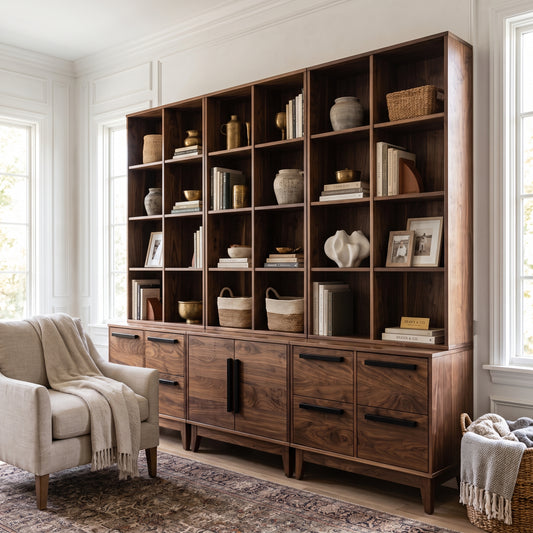 Walnut sectional bookcase in a well-lit room with a chair placed in front of it.