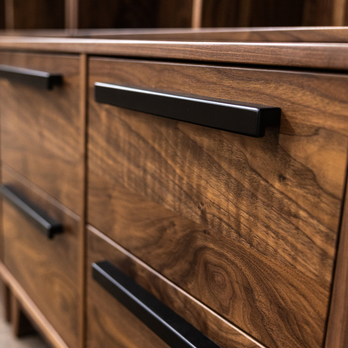 Close up view of a bookcase drawer