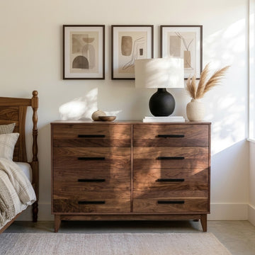 dark wood long dresser Solid Walnut - The Astoria Collection __tab2:about-our-fabrics-and-production inspired dresser with natural Mesh Square Neck, Zuri Version:Short