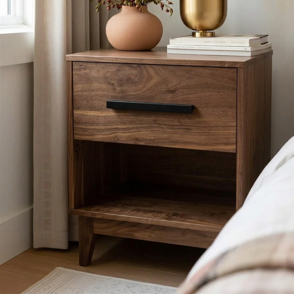 A mid-century modern Walnut Astoria Nightstand with a single drawer and open shelf, styled in a bedroom setting next to a bed with a vase and books on top.