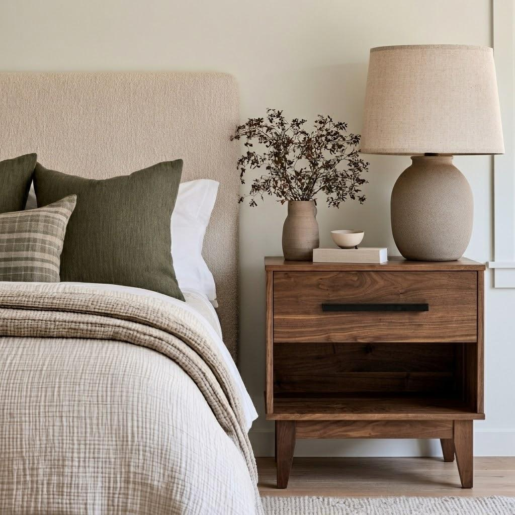 A modern Walnut Astoria Nightstand with an open shelf and black drawer handle, styled in a bedroom next to a bed with neutral-toned bedding and a matching textured lamp on top.