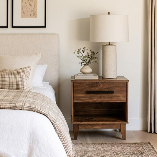 A dark brown wooden nightstand in a styled bedroom setting, featuring a single drawer with a black handle, an open lower shelf, and a matching wood footstool. The nightstand is styled with a textured beige table lamp, a small ceramic vase with dried stems, and books, next to a bed with white linens and a beige plaid throw pillow.
