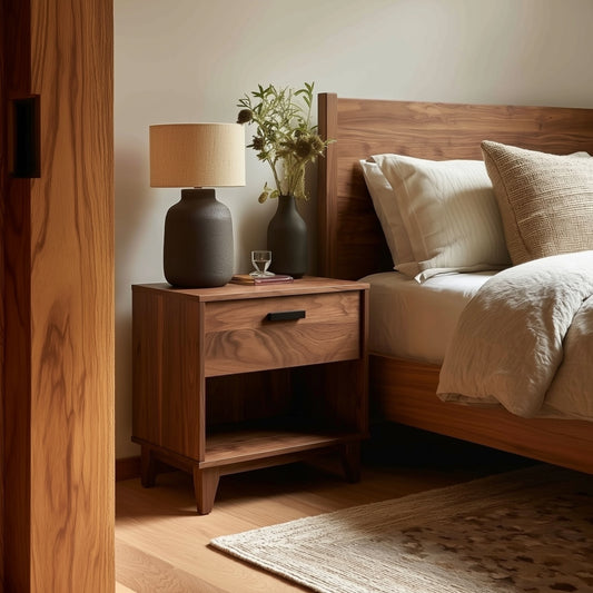 Wooden nightstand with lamp and decor next to a bed in a bedroom.