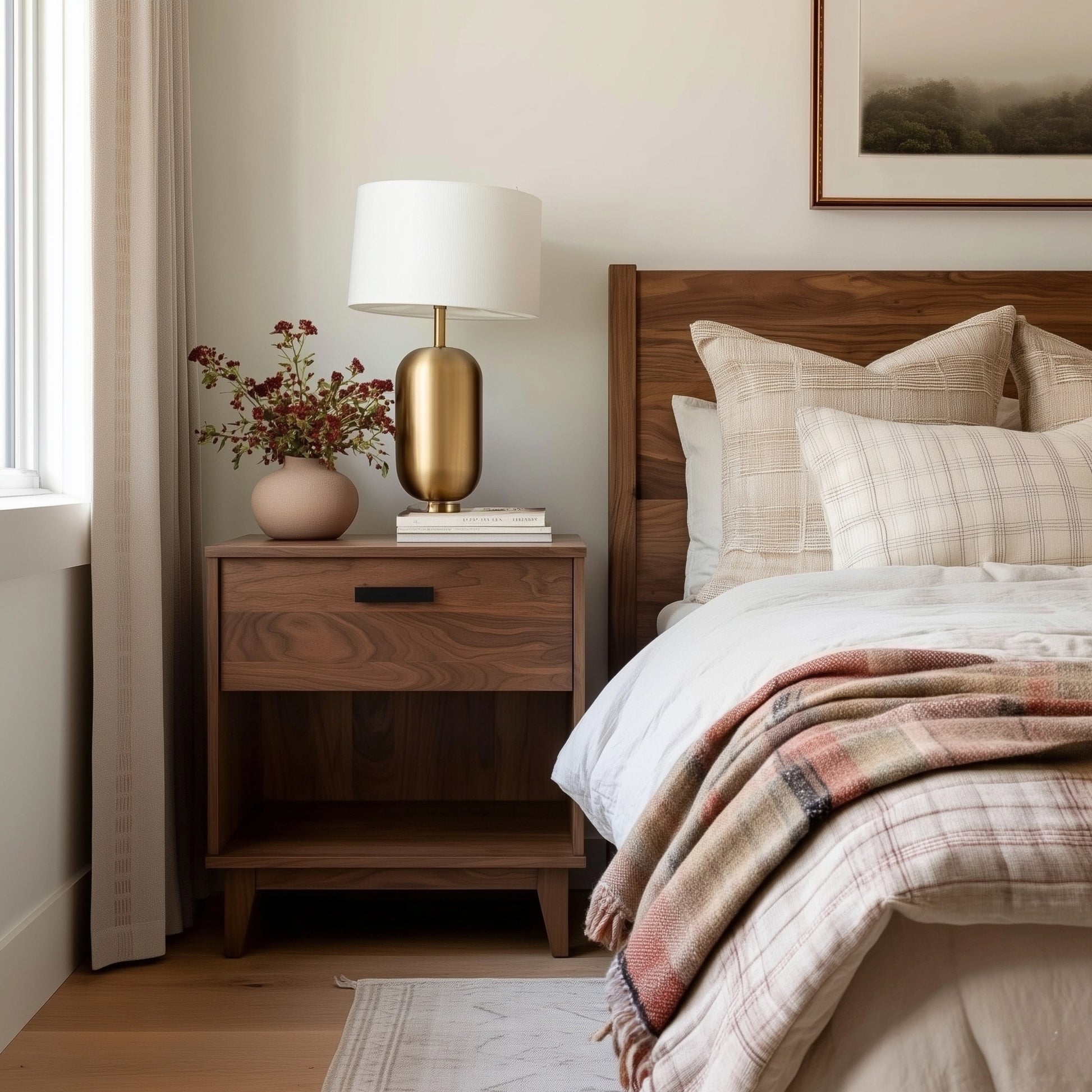 Bedroom with wooden nightstand, lamp, and bed with plaid blanket