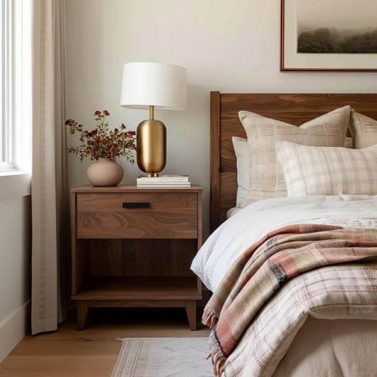 Bedroom with wooden nightstand, lamp, and bed with plaid blanket