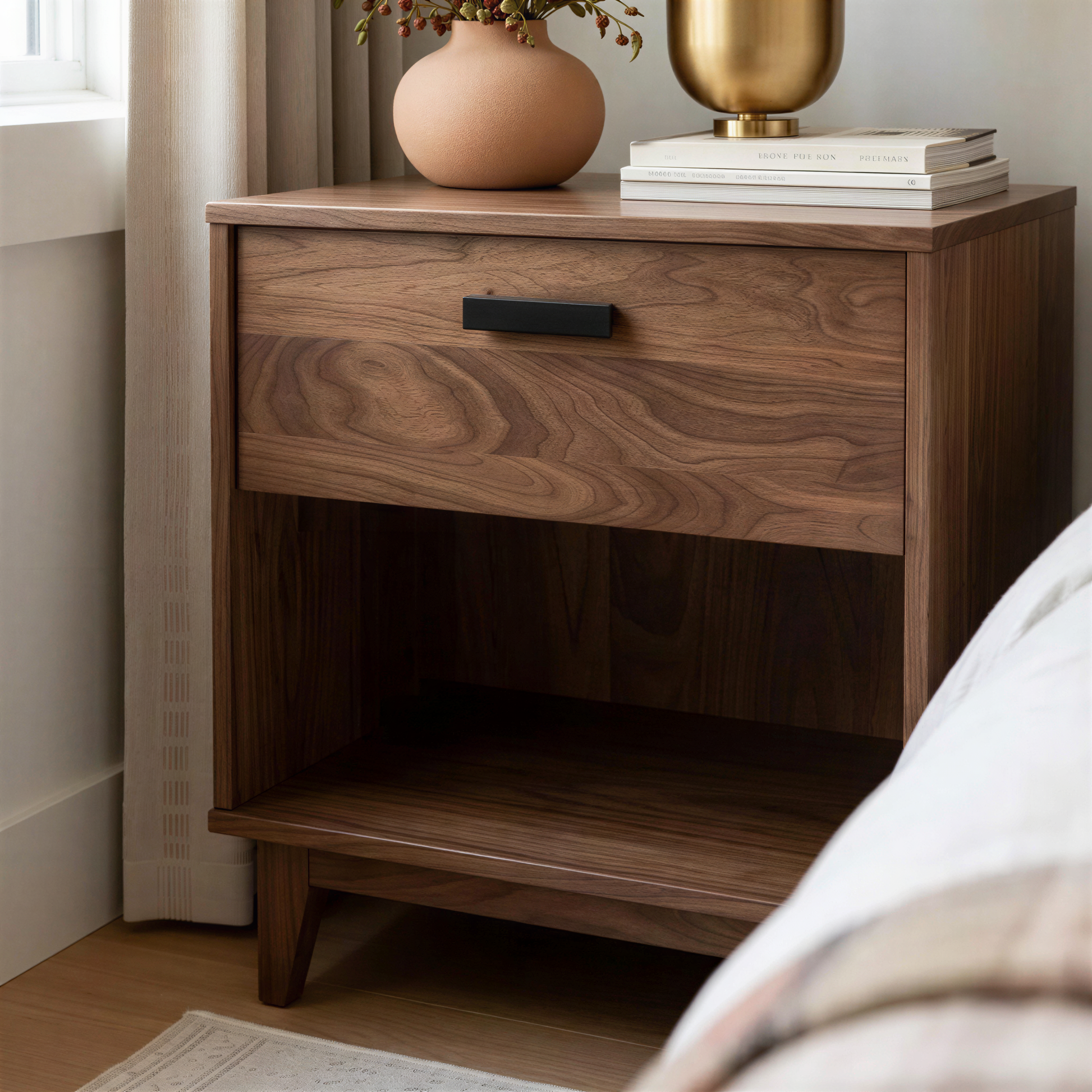 Wooden nightstand with a vase and books on top in a bedroom setting